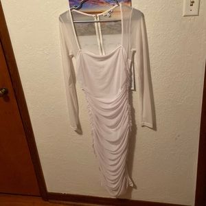 Mesh Ruched White Fashion Nova Midi Dress
